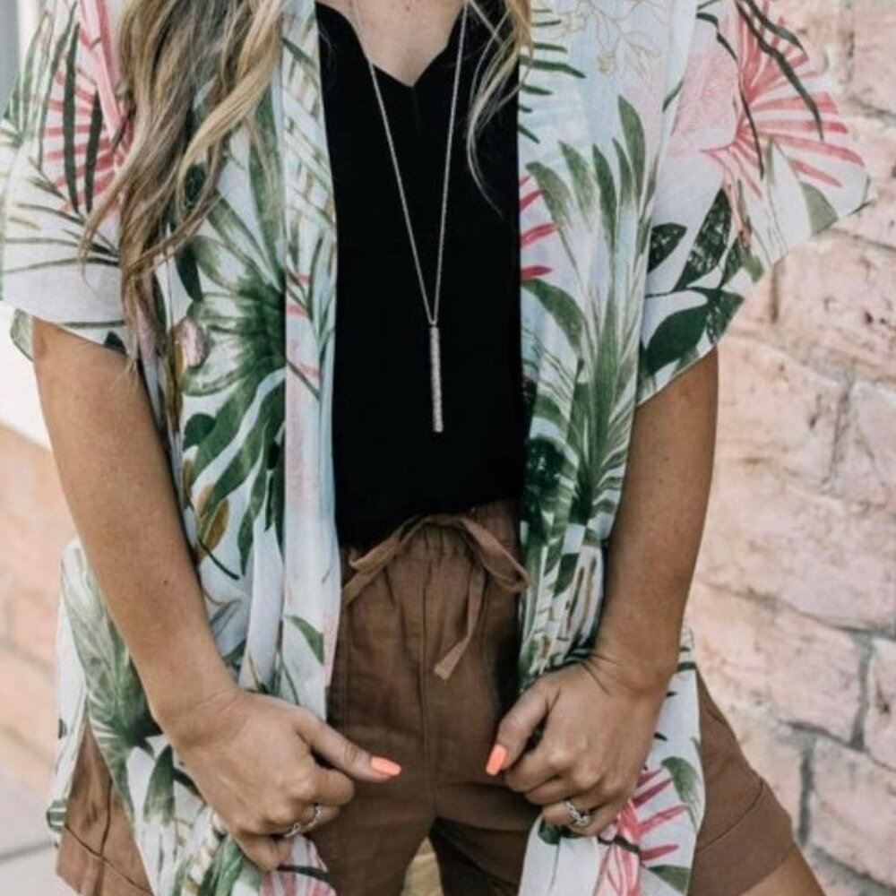 Green and Pink Palm Leaf Swim Coverup